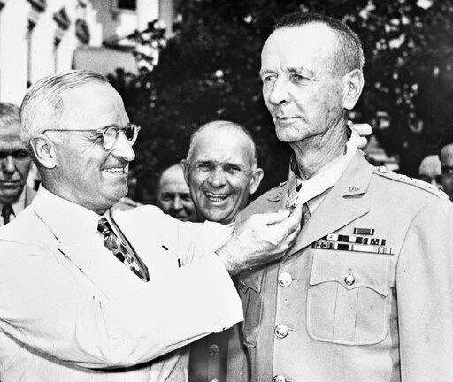 Jonathan M Wainwright N(1883-1953) Jonathan Mayhew Wainwright American Army Officer President Harry Truman Decorating General Wainwright with the Cong