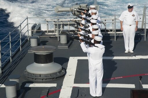 Sailors Render a Rifle Volley Aboard USS Hue City Stretched Canvas - Stocktrek Images (18 X 12)