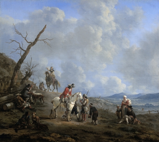 Landscape with Riders Hunters and Peasants by Johannes Lingelbach 1650-74 Dutch Oil Painting Variety of Travelers on a Road on a Hills (Bsloc20163213)