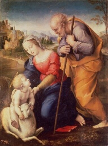 Holy Family with the Lamb 1507 Raphael (1483-1520 Italian) Oil on Wood Panel Museo Del Prado Madrid Spain Stretched Canvas - Raphael (24 X 36)