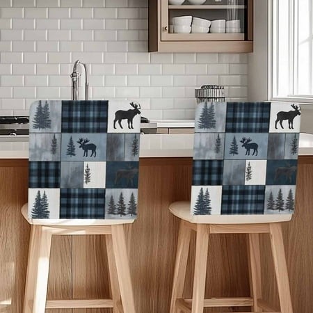Bear Moose Chair Covers Set of 6 Blue Retro Forest Wild Animal Buffalo Plaid Patchwork Chair Back Covers Stretch Removable Washable Slipcovers Protect