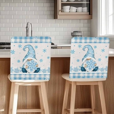 Christmas Gnome Chair Covers Set of 6 Snowflake Blue and White Buffalo Plaid Chair Back Covers Stretch Removable Washable Slipcovers Protector for Din