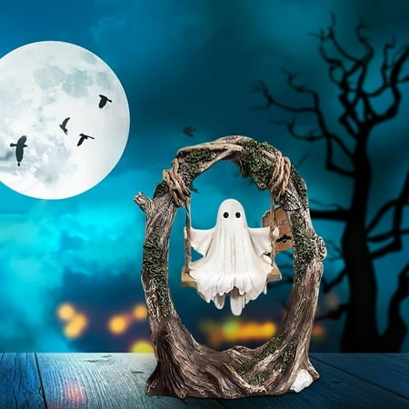 Ghost on a Swing - Swinging Shadows Halloween Figurines  2026 New Cute Swinging Ghost Halloween Ghost Figurine  Funny Ghost Tree Swing Decor for Indoo