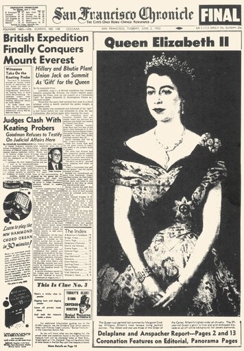 Mt Everest Conquered 1953 Nthe Headline from the San Francisco Chronicle June 2 1953 Announcing That Mt Everest Had Been Conquered by a British Team I