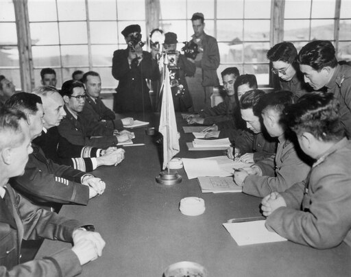 Korean War 1953 Nan Exchange of Prisoners Agreement at Panmunjom April 17 1953 Signing the Agreement Is North Korean Major General Lee Sang Jo Chief P
