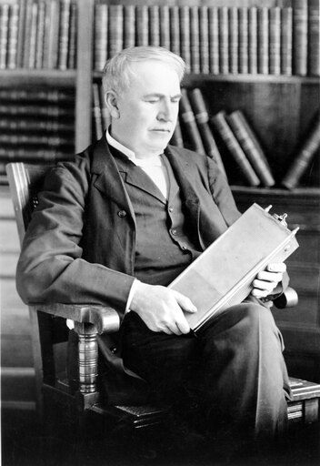Thomas Alva Edison (1847-1931) Namerican Inventor Photographed in 1908 with His Nickel-Iron-Alkaline Battery Which Was Patented on March 18 1908 After