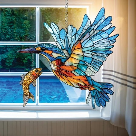 Kingfisher with Small Fish Acrylic Suncatcher – Faux Stained Glass Bird Window Hanging with Fish Detail  Nature-inspired Theme Decor 4326481179 4542