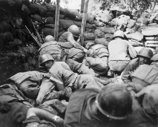Korean War 1950-1953 Ninfantrymen of the Second US Division Take Cover from a Communist Chinese Mortar Barrage in a Shallow Pit Stretched Canvas - (18
