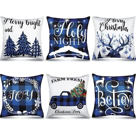 XD5-6 Piece Christmas Blue Pillow Cover 18x18 Inch Christmas Decorations Blue and Black Buffalo Plaid Check Pillow Covers Farmhouse Christmas Tree Sno