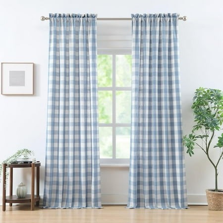 Dusty Blue Buffalo Plaid Curtains Farmhouse Buffalo Check Drapes for Bedroom Living Room Gingham Window Treatment Rod Pocket Linen-Dusty Blue 53 W X 9