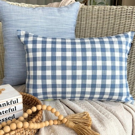 Buffalo Plaid Blue Decorative Lumbar Pillow Cover 12  X 22  | Contemporary Cotton Oblong Cushion Cover Checkered | Nursrey  Country & Farmhouse Pillow