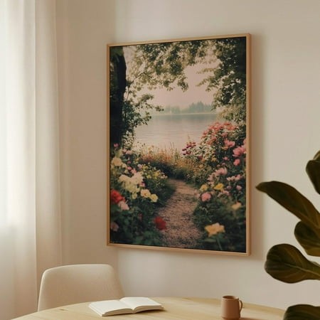 Romantic Garden Path Print - Lakeside Floral Landscape Art - Serene Nature Wall Decor - Cottagecore Aesthetic - Tranquil Water View Wall Art  Modern W