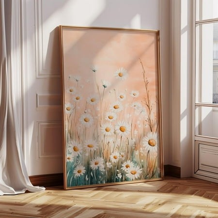 Watercolor Daisy Field Wall Art – Peach and White Floral Print with Wildflowers – Soft Pastel Botanical Decor for Cottage Interiors Wall Art  Mode