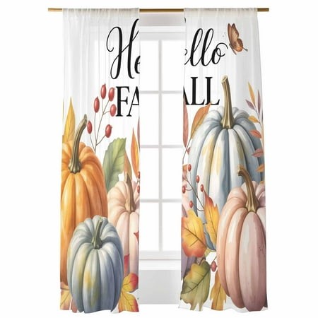 Sheer Curtains 108 Inches Long  Thanksgiving Hello Fall Watercolor Pumpkin Leaves Jam Light Filtering Sheer Window Curtains Rod Pocket Voile Drapes fo