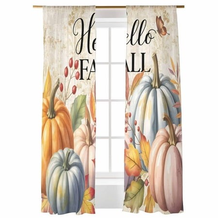 Sheer Curtains 108 Inches Long  Thanksgiving Hello Fall Watercolor Pumpkin Jam Leave Light Filtering Sheer Window Curtains Rod Pocket Voile Drapes for