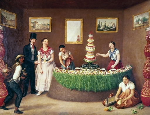Mexico Juice Vendors C1850 NSweet-Water Vendors a Girl Strains Pineapple on the Floor of a Fruit Drink Shop Oil on Canvas by Agustn Arrieta C1850 Stre
