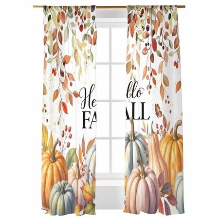 Sheer Curtains 108 Inches Long  Thanksgiving Hello Fall Watercolor Pumpkin Jam Leaves Light Filtering Sheer Window Curtains Rod Pocket Voile Drapes fo