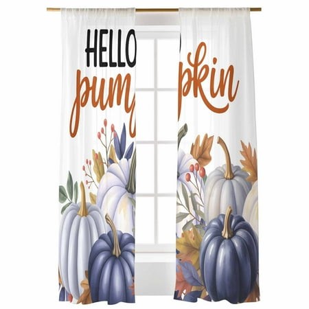Sheer Curtains 108 Inches Long  Fall Thanksgiving Watercolor Purple Pumpkin Jam Leaves Light Filtering Sheer Window Curtains Rod Pocket Voile Drapes f