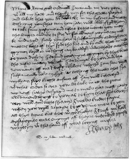 Henry Viii (1491-1547) Nking of England 1509-1547 Letter from King Henry Viii of England to Thomas Cardinal Wolsey Thanking Him for His Devotion to Th