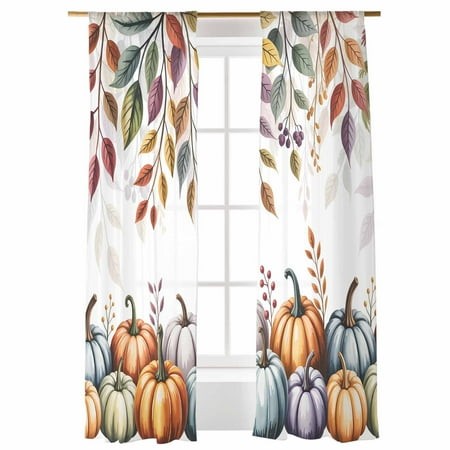 Sheer Curtains 108 Inches Long  Fall Plant Watercolor Leaves Pumpkin Jam Retro Light Filtering Sheer Window Curtains Rod Pocket Voile Drapes for Bedro