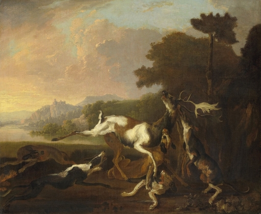 Stag Hunt by Abraham Hondius 1650-95 Dutch Painting Oil on Canvas Six Hounds Bring Down a Stag in a River Landscape (Bsloc20163305) Poster Print (24 X