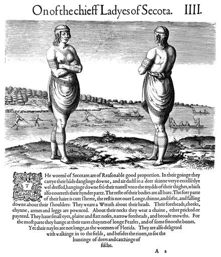 De Bry Powhatan Woman NOne of the Chieff Ladyes of Secota Line Engraving by Theodore De Bry After John White 1590 with Text by Thomas Harriot Poster P