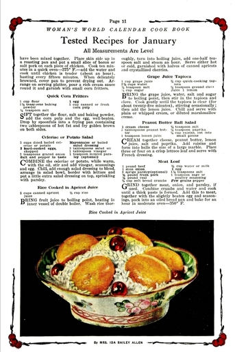 Womans World Calendar Cook Book 1922 Rice Cooked in Apricot Juice Stretched Canvas - (24 X 36)