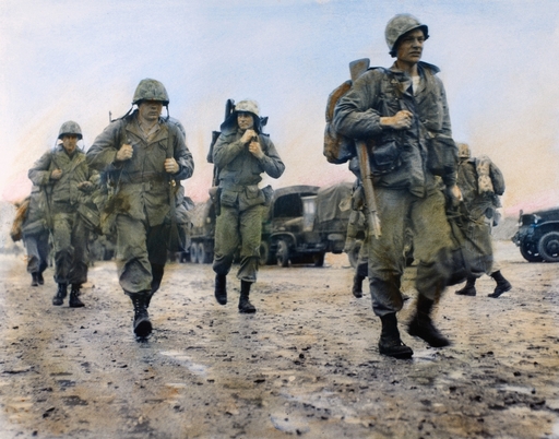 Korean War Marines 1953 NuS Marines in Korea Heading for Helicopters to Take Them to the Front March 1953 Oil Over a Photograph Stretched Canvas - (24