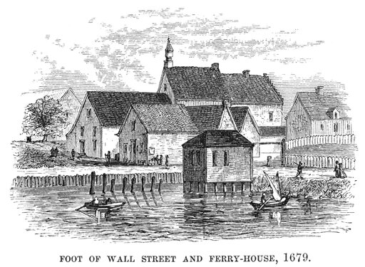 New York Waterfront 1679 Nview of the Foot of Wall Street and the Ferry House New York as They Appeared in 1679 Wood Engraving American 1882 Stretched