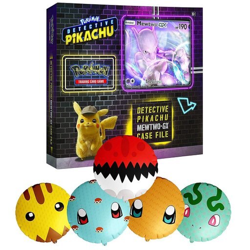 Pokemon TCG: Detective Pikachu Mewtwo-Gx Case File + 6 Booster Pack + a Foil Promo Gx Card + a Oversize Gx Foil Card + 5 Anime Character Balloons Insp
