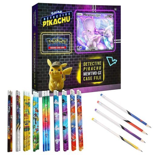 Pokemon TCG: Detective Pikachu Mewtwo-Gx Case File + 6 Booster Pack + a Foil Promo Gx Card + a Oversize Gx Foil Card + 12 Pokemon Themed Pencils