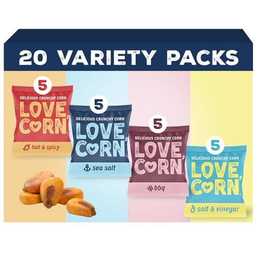 LOVE CORN Fab Four - Sea Salt, BBQ, Salt & Vinegar, Hot Spicy 0.7oz X 20 Delicious Crunchy Corn Healthy Family Snacks Gluten Free, Kosher, NON-GMO Alt
