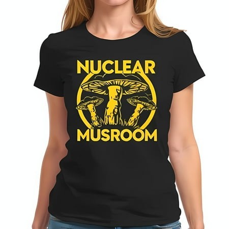NUCLEAR MUSHROOM Graphic Cotton Short Sleeve T-Shirt - Bold Yellow Text & Mushroom Cloud Design - Playful Irony & Counter-Culture Statement
