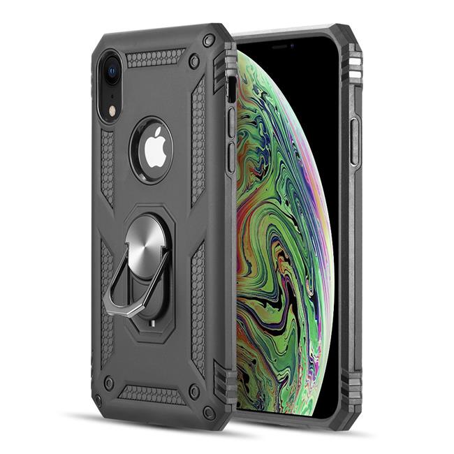 iPhone TCAIPXR-0036-BK Rubberized Hybrid Protective Case with Shock Absorption & Built-in Rotatable Ring Stand for XR - Black