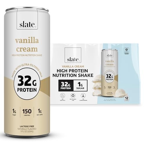Slate Milk - High Protein Nutrition Shake - Vanilla Cream - 32g Protein, 1g Sugar, 150 Calories, 1g Net Carbs - Lactose Free - No Added Sugar - Breakf