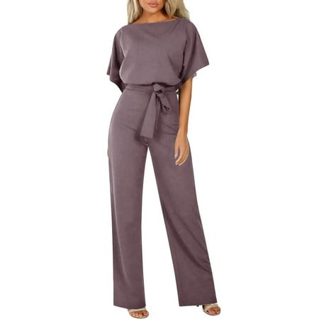 MNCEKFOD Womens Casual Pants 2289 New Stylish Lace up Button Waist Short Sleeved Jumpsuit Round Neck Back Hollow Out Relaxed Fit Comfortable Trousers 