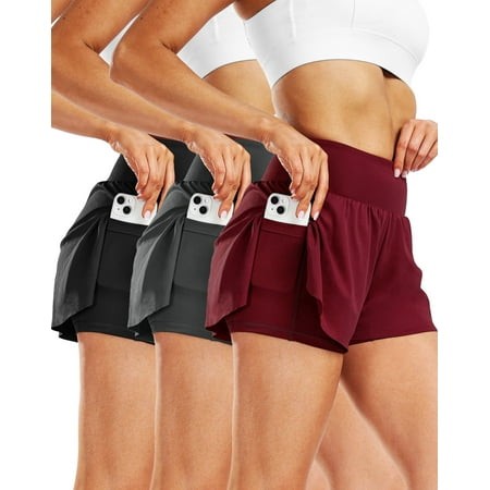 Cadmus 2 in 1 Women S Spandex Athletic Shorts Gym Yoga Shorts Pockets  2 Pack Black & Dark Grey & Red S