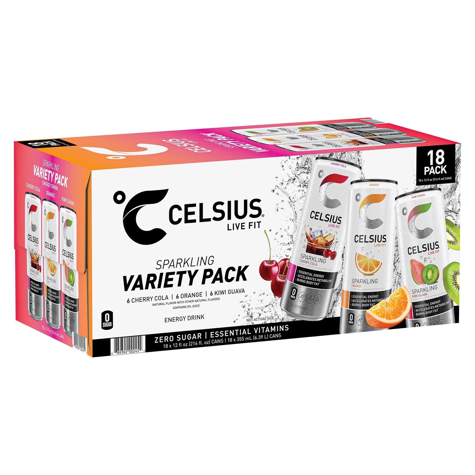 Celsius Energy Drink Variety, Cherry Cola Orange & Kiwi Guava, 12 Fl Oz, 18-pack