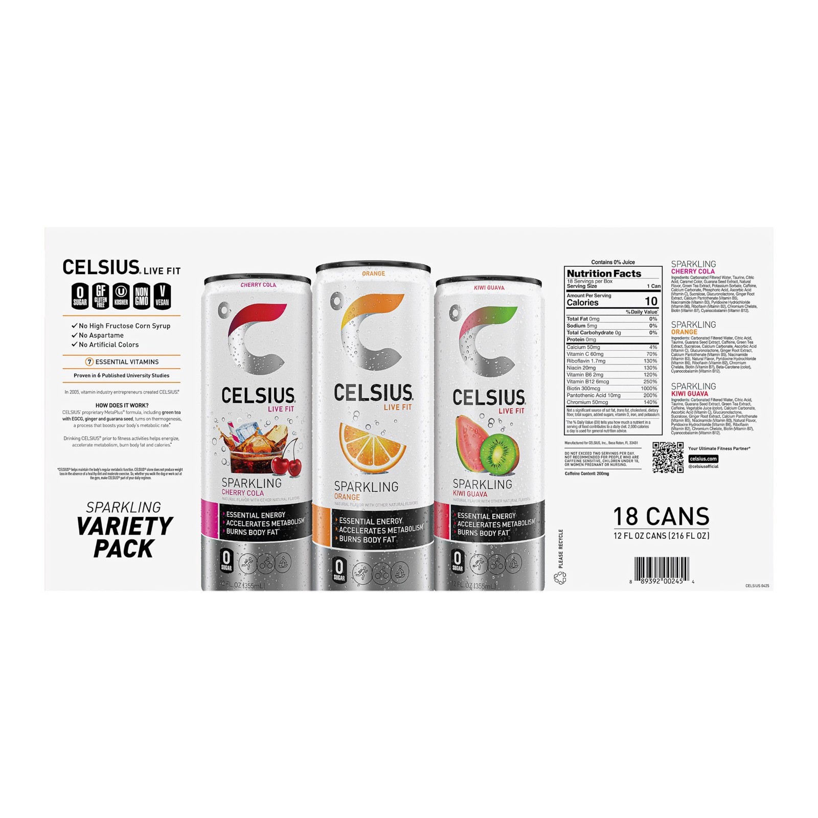 Celsius Energy Drink Variety, Cherry Cola Orange & Kiwi Guava, 12 Fl Oz, 18-pack thumbnail