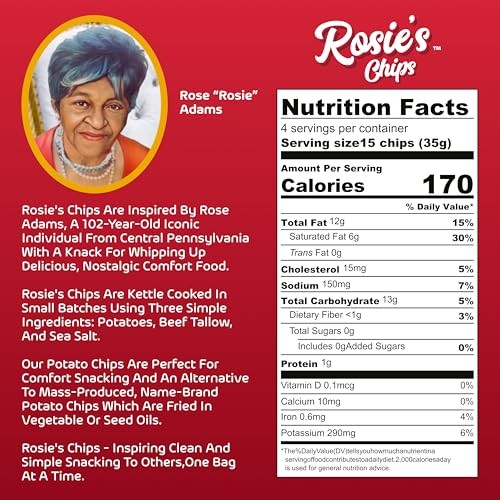 Rosie’s Chips – Kettle Cooked Chips in Grass-Fed Beef Tallow with Sea Salt – (4 Pack) 5oz Bag thumbnail