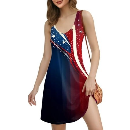 Xyxonk Red White and Blue Dresses for Women July 4th with Pockets Stars and Stripes Casual Loose V Neck Sleeveless Sundress Patriotic Plus Size Beach 