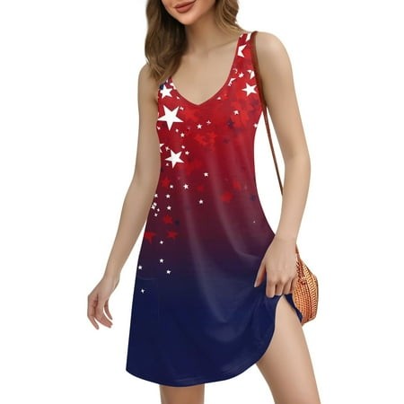 Xyxonk 4th of July Summer Dresses for Women 2025 V Neck Plus Size Patriotic Sundress with Pockets Stars and Stripes Casual Loose Lightweight Outfits D