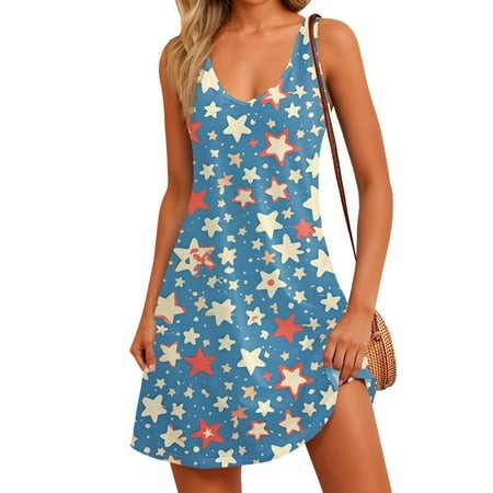 Xyxonk American Flag Dresses for Women 2025 Loose Knee Length 4th of July Dress Trendy V-Neck Sleeveless Tank Dress Stars and Stripes Casual Swimsuit 