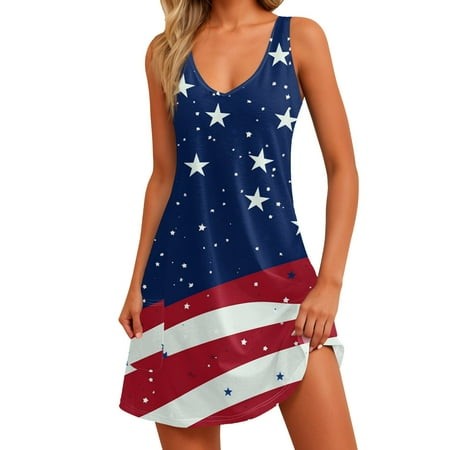 Xyxonk Women S July 4th Patriotic Summer Dresses Loose Knee-Length Patriotic Dress ParadeV-Neck Sleeveless Tank Dress Stars and Stripes Casual Swim Co