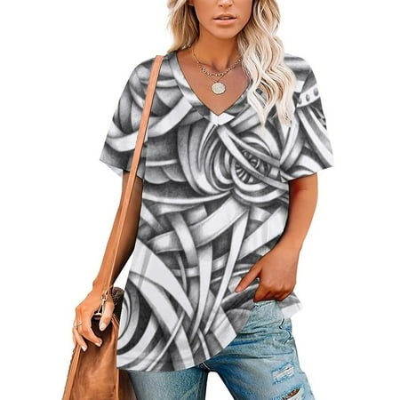 Escher Like Abstract Hand Drawn Graphite Gray Depth 2289 Women Print T Shirt Casual Off Shoulder Loose Pullover Tops Fashion