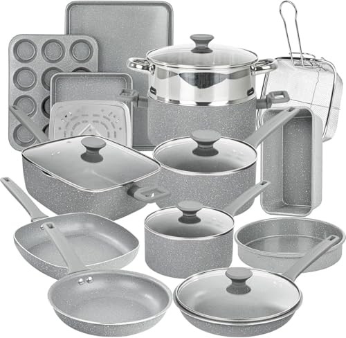 Granitestone Ceraluxe 20Pcs Ceramic Cookware Set Nonstick  Complete Pots and Pans Set Non Stick with 5 Pc Bakeware Set  Deep Frying Pan Set  & Steamer