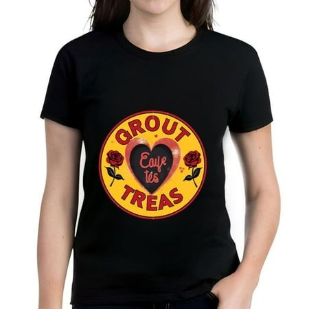 Vibrant Women S Cotton Short Sleeve T-Shirt with Artistic Circular Design Black Heart Red Roses and   GROUT   &   TRES   Text
