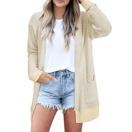 temofon womens cardigan sweaters long sleeve v neck waffle tops knit lightweight shirts for women with pockets apricot m