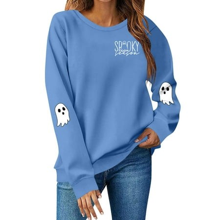 Lumtrix Halloween Sweatshirts for Women Ghost Graphic Sweatshirt Long Sleeve Crew Neck Pullover Fall Lightweight Cute Tops Fashion 2026 Blue M