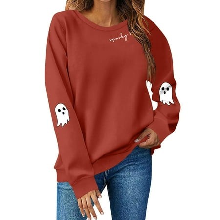 Inglocry Halloween Sweatshirts for Women Funny Cute Ghost Pumpkin Graphic Long Sleeve Crewneck Casual Sweaters Fashion Clothes 2026 Saffron S